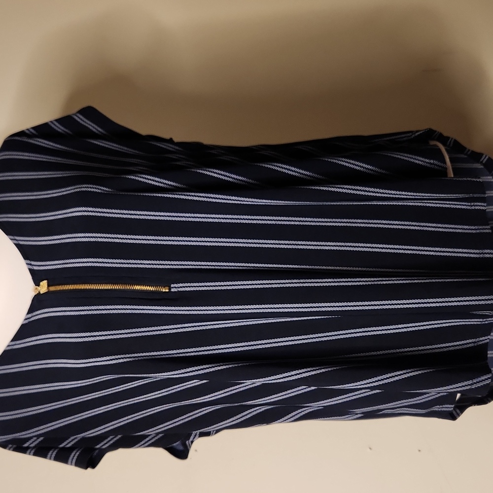 Anne Klein Navy and White Striped Zip-Front Tunic Gold Zipper Detail Size L